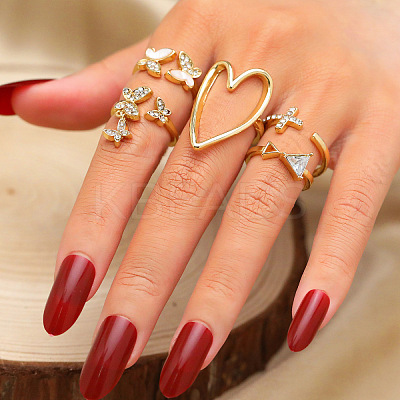 5Pcs Alloy Crystal Rhinestone & Natural Shell Finger Rings Sets FS-WG36854-01-1