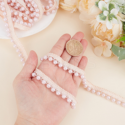 5 Yards Polyester Lace Ribbon with Round Plastic Pearl Beaded Edge OCOR-WR0001-69A-1