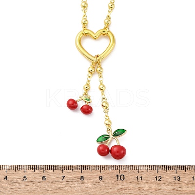 Heart & Cherry Brass Red Enamel Pendant Necklaces for Women NJEW-G162-02G-1