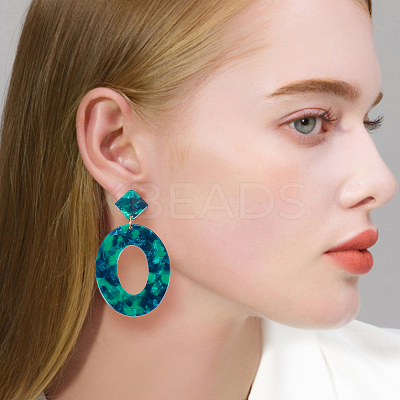 5 Pair 5 Color Acrylic Hollow Oval Dangle Stud Earrings with Steel Iron Pins for Women EJEW-AN0004-04-1