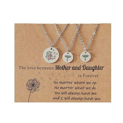Mother and Daughter 304 Stainless Steel Dandelion Flat Round Pendant Necklaces for Women FS-WGEED69-04-1