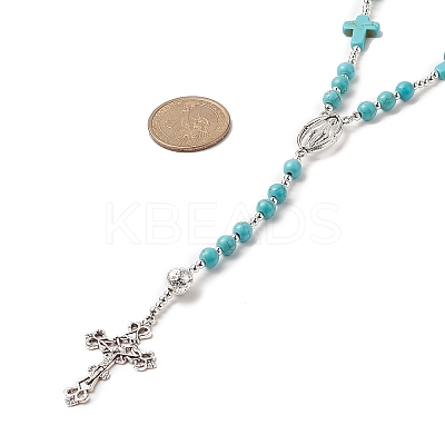 Natural Lava Rock & Synthetic Turquoise Rosary Bead Necklace NJEW-JN04237-01-1
