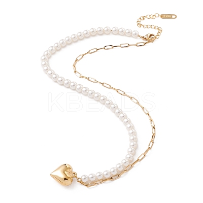 Ion Plating(IP) 304 Stainless Steel Heart Pendant Necklace with Acrylic Pearl for Women NJEW-P262-27G-1