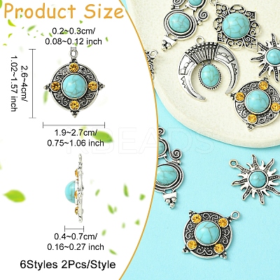 12Pcs 6 Styles Tibetan Style Alloy Pave Imitation Turquoise Pendants FIND-FS0002-81-1