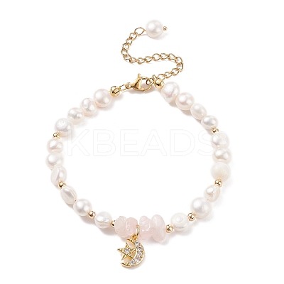 Natural Rose Quartz Chips & Pearl Beaded Bracelet BJEW-JB08236-01-1