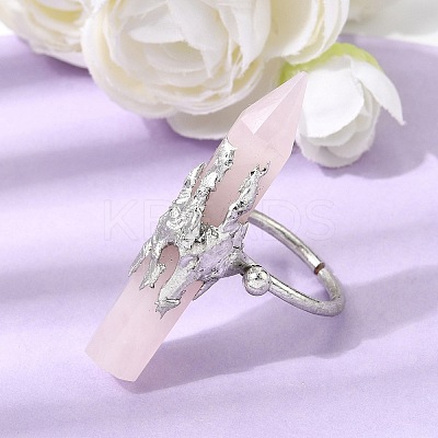 Natural Rose Quartz & Brass Cuff Rings for Women RJEW-G374-01P-10-1