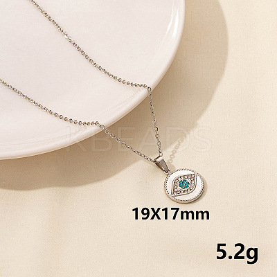 Stylish Stainless Steel Rhinestones Flat Round with Evil Eye Pendant Necklace QQ6499-3-1