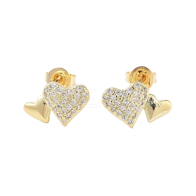 Brass Micro Pave Clear Cubic Zirconia Heart Stud Earrings for Women EJEW-A110-09G-1