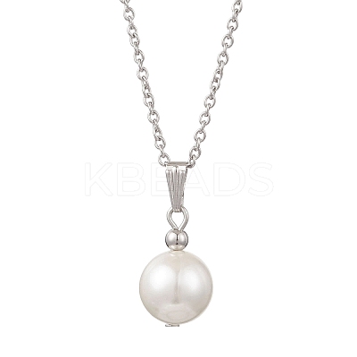 Shell Pearl White Round Pendant 304 Stainless Steel Cable Chain Necklaces for Women NJEW-JN05760-01-1