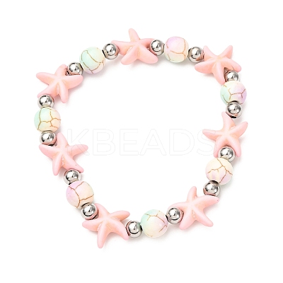 Starfish Synthetic Turquoise Beads & Brass Beads Stretch Bracelets BJEW-JB12417-02-1