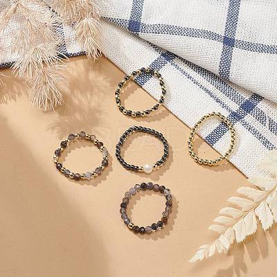 5Pcs 5 Style Natural Rainbow Moonstone & Dichroite & Synthetic Hematite Round Beaded Stretch Finger Rings Set RJEW-JR00527-1
