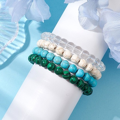 4Pcs Constellation 8mm Round Synthetic Turquoise & Quartz Crystal & Malachite & Magnesite Beaded Stretch Bracelets for Women BJEW-JB10634-1