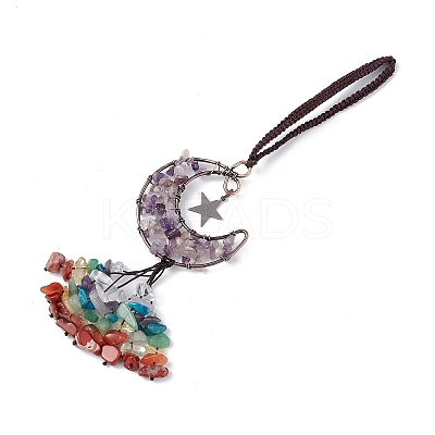 Natural Amethyst Moon with Mixed Gemstone Chips Tassel Pendant Decorations G-L524-07R-A05-1