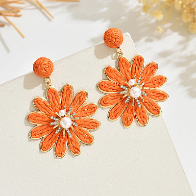 Flower Alloy Raffia Dangle Stud Earrings FS-WG63945-06-1