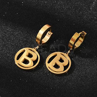 Flat Round with Letter B 304 Stainless Steel Pendant Necklaces & Hoop Earring Jewelry Sets SJEW-L177-08G-1