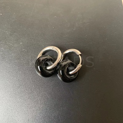 304 Stainless Steel & Natural Black Agate Rondelle Bead Hoop Earrings FS-WGF6A0C-04-1
