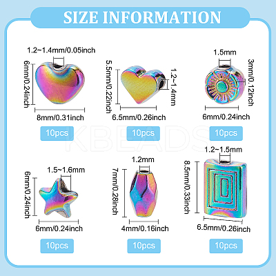 60Pcs 6 Style Rack Plating Rainbow Color Alloy Beads FIND-BC0002-74-1