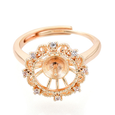 Flower Shape Brass Micro Pave Clear Cubic Zirconia Adjustable Ring Settings KK-T076-45G-1