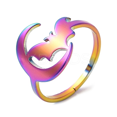 Ion Plating(IP) 304 Stainless Steel Moon with Bat Adjustable Ring for Women RJEW-M149-04RC-1