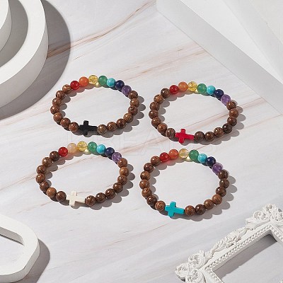 Gemstone & Natural Wood Beaded Stretch Bracelet for Women BJEW-JB09294-1