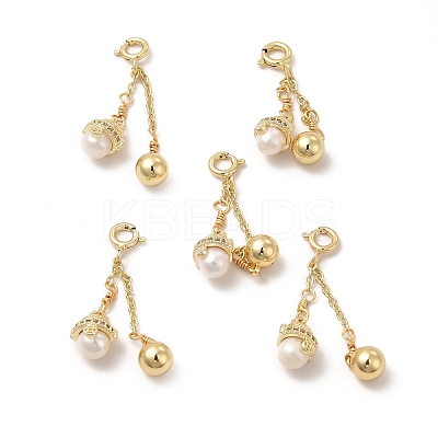 Brass Spring Ring Clasps with Natural Pearl Round Ornament KK-I697-11G-1