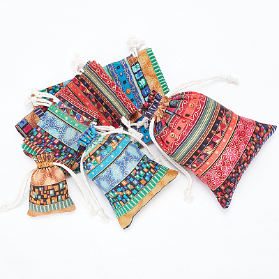 12Pcs 12 Styles Bohemian Rectangle Geometric Print Linenette Drawstring Bags ABAG-NB0001-89-1