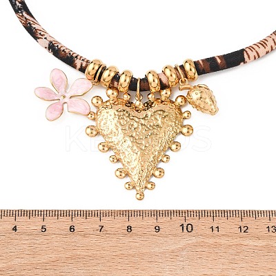 304 Stainless Steel Enamel Pink Flower Heart Pendant Leopard Print Polyester Cord Necklaces for Women NJEW-F352-04G-1