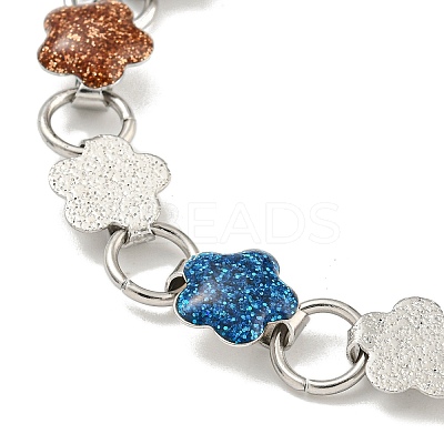 304 Stainless Steel Enamel Flower Link Chain Bracelets with Glitter Powder BJEW-S153-05P-03-1