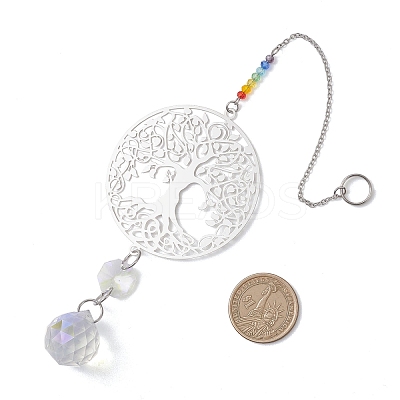 201 Stainless Steel Tree of Life Shape & Rainbow Crystal Glass Hanging Suncatcher HJEW-JM04680-1