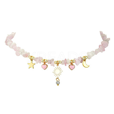 Alloy Enamel & 304 Stainless Steel & Brass Bib Necklace with Natural Rose Quartz Chip Beaded Chains NJEW-JN04434-1