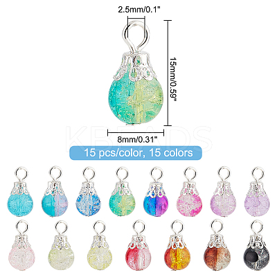 225Pcs 15 Colors Spray Painted Crackle Glass Pendants PALLOY-AB00090-1