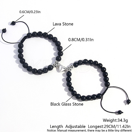 2 Pcs Synthetic Black Stone & Lava Rock Couple Bracelets with Heart Magnetic Attraction EH4505-4-1