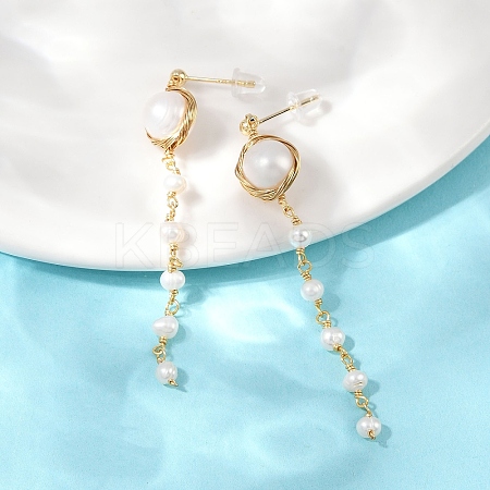 Round Brass Natural Freshwater Pearl Tassel Stud Earrings EJEW-U072-02G-1