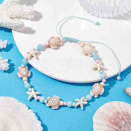 Starfish & Turtle Natural Malaysia Jade & Synthetic Turquoise Braided Beaded Anklet AJEW-AN00563-1
