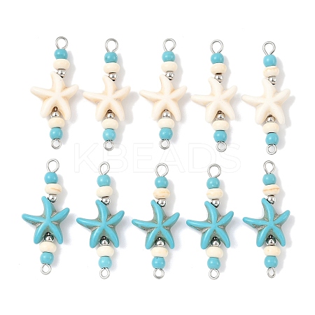 10Pcs 2 Colors Dyed Synthetic Turquoise Starfish Rondelle Round Beaded Connector Charms PALLOY-JF04015-1