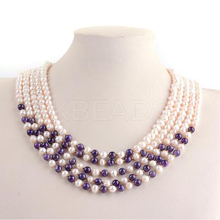 Natural Pearl Five Tiered Necklaces NJEW-Q301-01-1