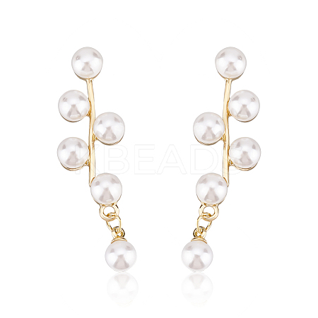 1 Pair ABS Plastic Imitation Pearl Beaded Leafy Branch Dangle Stud Earrings EJEW-AN0001-51-1