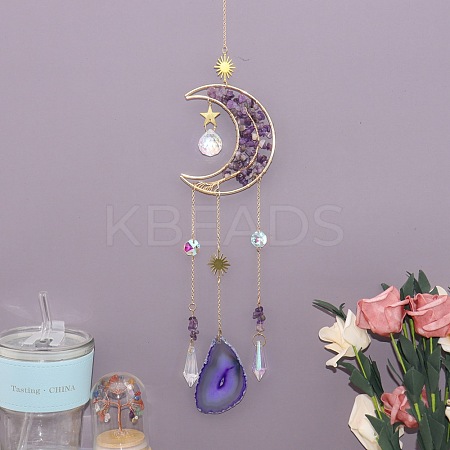 Copper Wire Wrapped Natural Amethyst Chips Moon Suncatcher HJEW-H065-04G-03-1