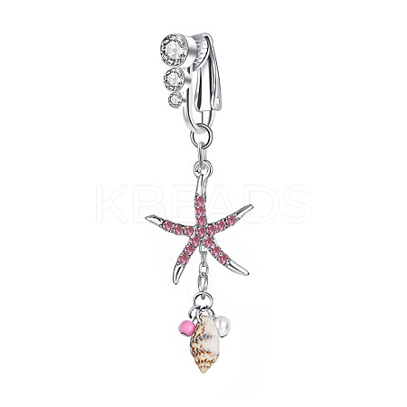 304 Stainless Steel Pave Cubic Zirconia & Plastic Pearl & Natural Shell Starfish Dangle Clip on Belly Rings FS-WG69EA3-05-1
