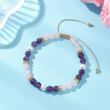 Natural Amethyst & Natural  Rose Quartz & Shell Pearl Round Beaded Braided Bead Bracelets BJEW-JB13392-02-1