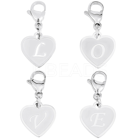 4Pcs 4 Styles 201 Stainless Steel Heart with Letter Pendant Decorations AJEW-BBC0002-44-1