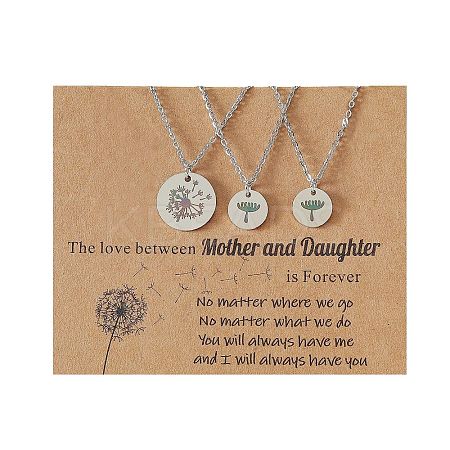Mother and Daughter 304 Stainless Steel Dandelion Flat Round Pendant Necklaces for Women FS-WGEED69-04-1