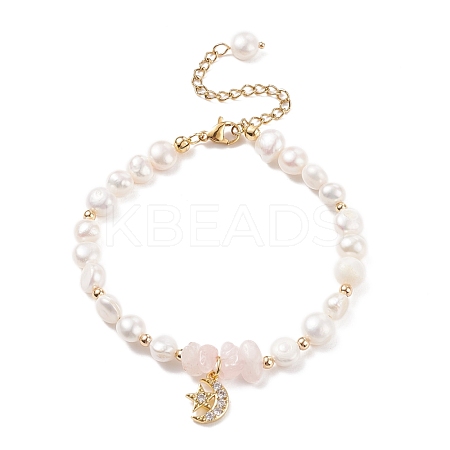 Natural Rose Quartz Chips & Pearl Beaded Bracelet BJEW-JB08236-01-1