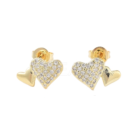 Brass Micro Pave Clear Cubic Zirconia Heart Stud Earrings for Women EJEW-A110-09G-1