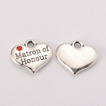 Wedding Theme Antique Silver Tone Tibetan Style Heart with Matron of Honour Rhinestone Charms X-TIBEP-N005-07A-1
