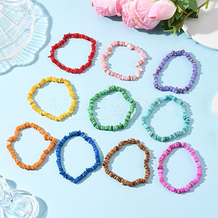 10Pcs 10 Colors Dyed Natural Freshwater Shell Beaded Stretch Bracelets for Men Women BJEW-JB12478-1