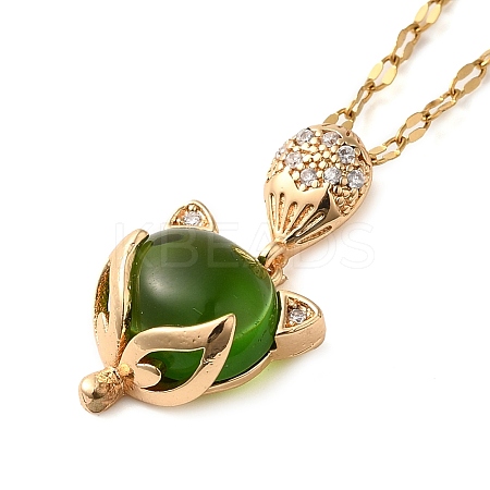 Brass Pave Clear Cubic Zirconia & Green Glass Fox Pendant Necklaces NJEW-M080-02G-1