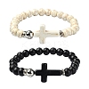 2Pcs 2 Color Dyed Synthetic Turquoise Cross & Alloy Beaded Stretch Bracelets Set BJEW-YW00002-02-1
