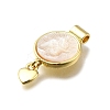 Brass Pave Natural White Shell Flat Round with Heart Pendants KK-C090-37G-07-3