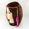 Women's Dyed Feather Braided Suede Cord Headbands OHAR-R188-06-2